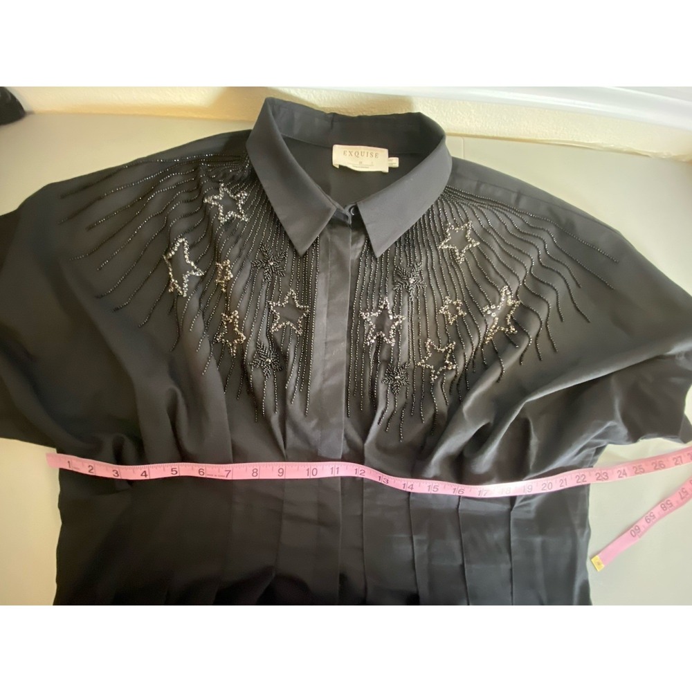 Exquise Tobi Shirt Dress 2X Black Beaded Pleated Button Front Midi Elegant - Picture 7 of 10